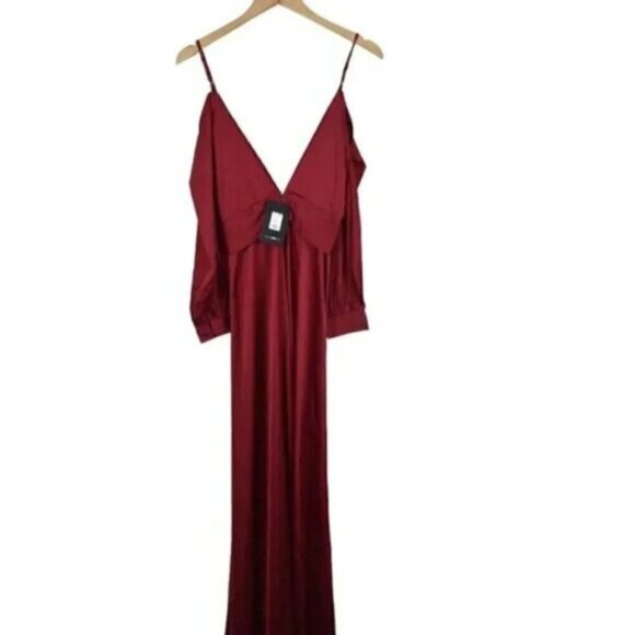 NWT Fashion Nova Mansion Dinner Party Satin  Gown Wine Burgundy Maxi Dress XS - Picture 9 of 11